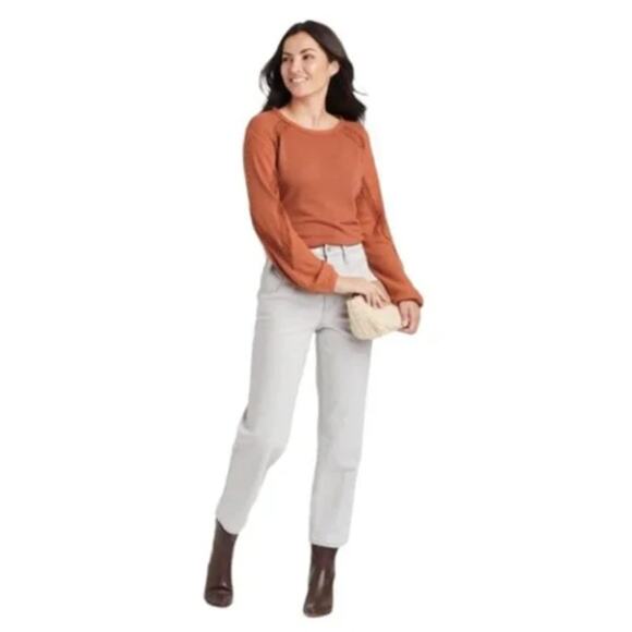 Knox Rose Lace Waffle Knit Thermal Top Med Burnt Orange Long Sleeve Sweater NWT - Picture 4 of 12
